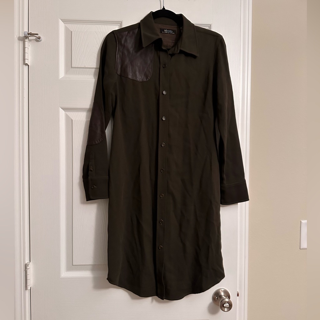 Identity Lord & Taylor Army Green Leather Patched Button Up Dress Size 2